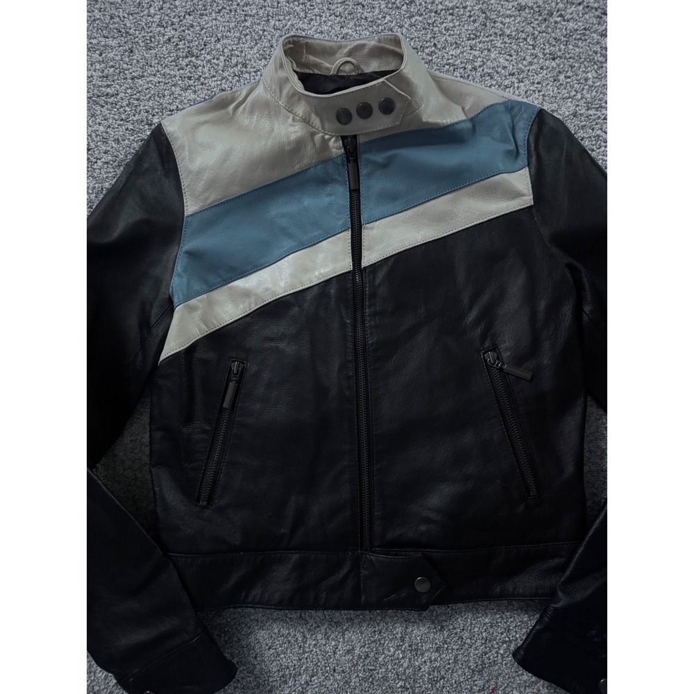 Vintage Y2K Forever 21 100% Leather Moto Biker Jacket Blue Cream Racing Stripes